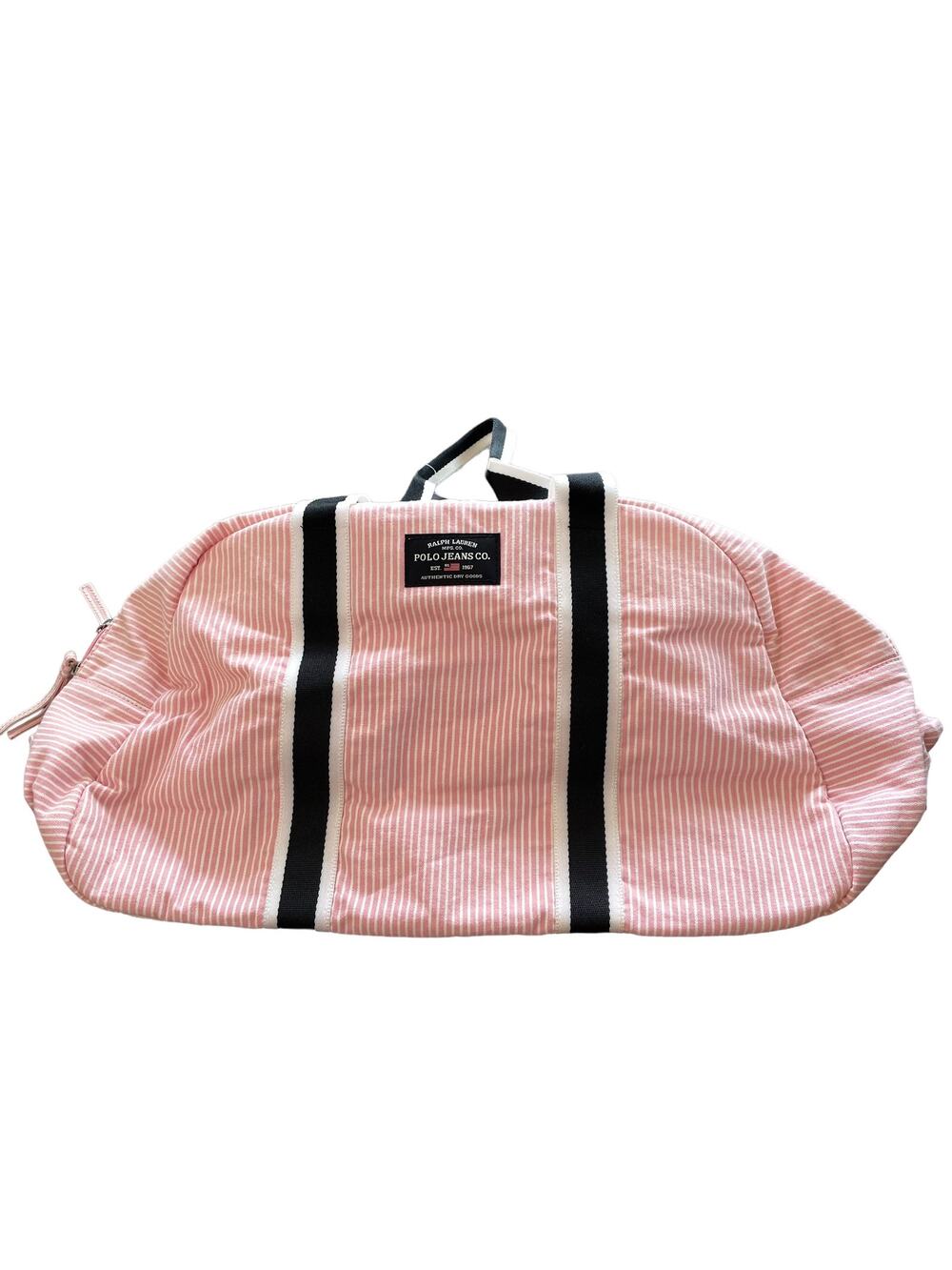 Vintage Ralph Lauren Polo Canvas Tote Bag Pink White Pinstripes Navy Handles NOS